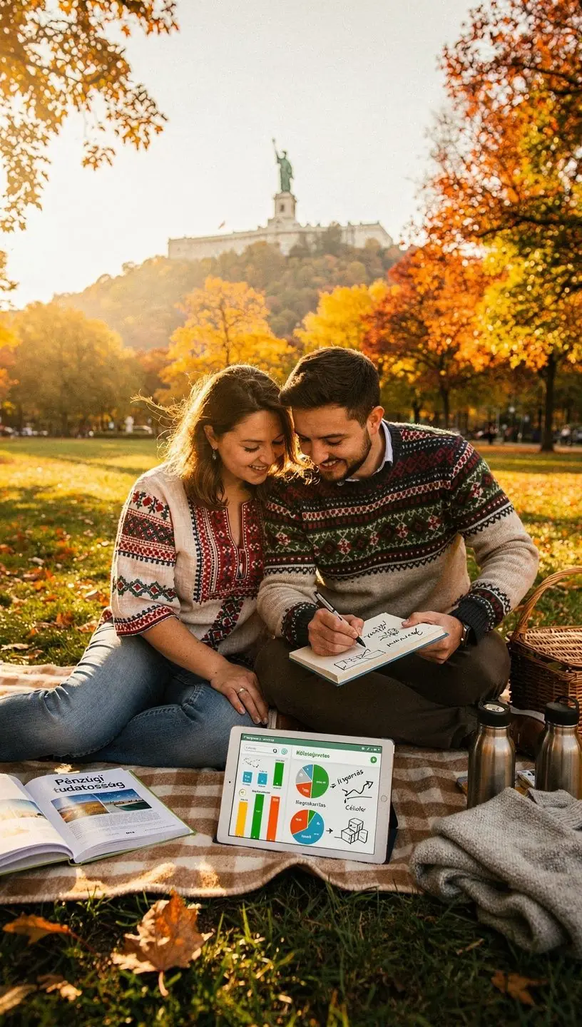 Fiatal pár, aki közösen tervezi meg a jövőbeni pénzügyeit.